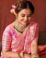 VastraVilla Hot Pink Woven Soft Banarasi Silk Saree