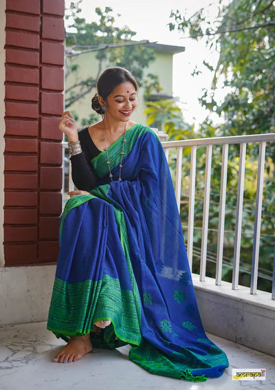 Royal Blue Handwoven Pure Mercerised Cotton With Manipuri Pattern Threadwork