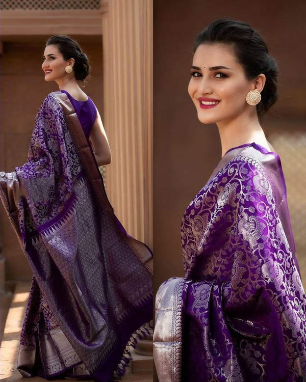 VastraVilla Purple Archaic Traditional Kanchi Soft Silk Sari With Attached Blouse