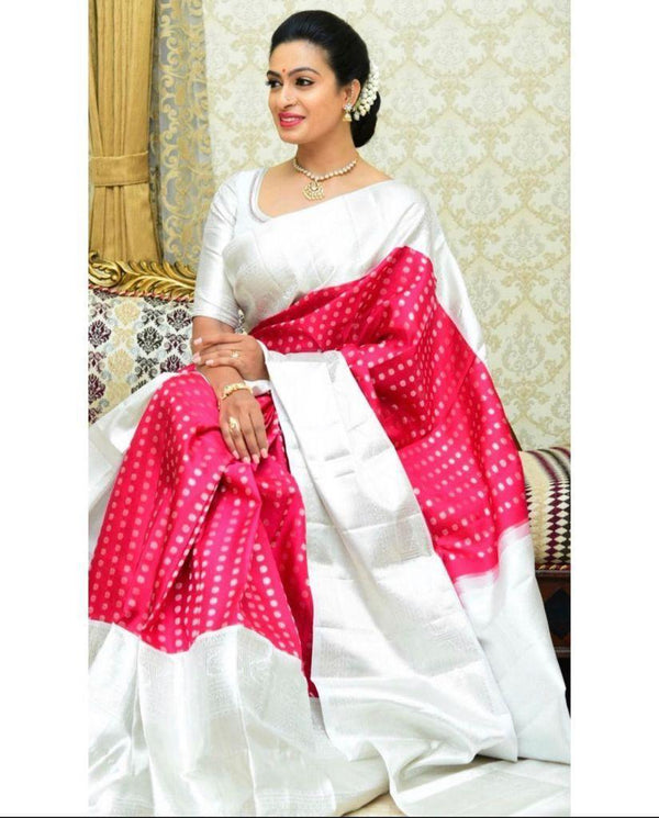 Red With White Boder Soft Knchipuram Lichi Silk  Silk Saree