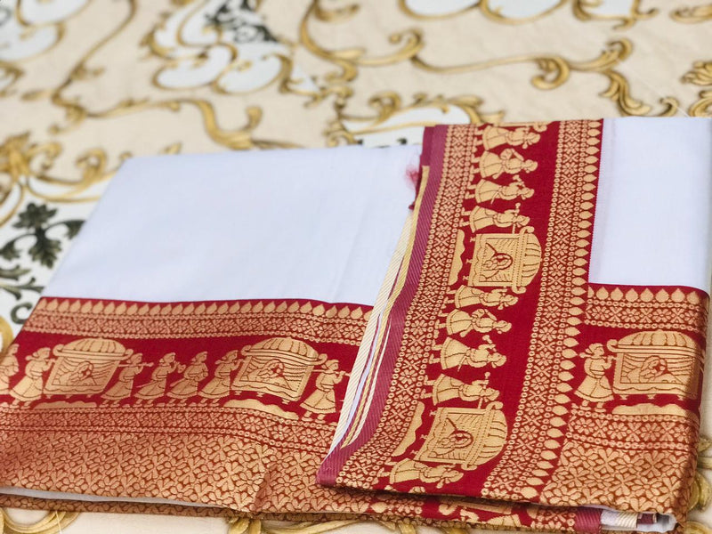 White & Red Palkhi Archaic Traditional Kanchi Soft Silk Sari With Attached Blouse
