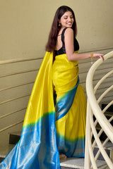 Vastravilla Yellow & Sky Blue Pure Soft Kanjiviram  Silk Saree With Attached Blouse