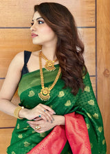 Green & Red pallu Pure Soft Kanjiviram Silk Saree With Attached Blouse