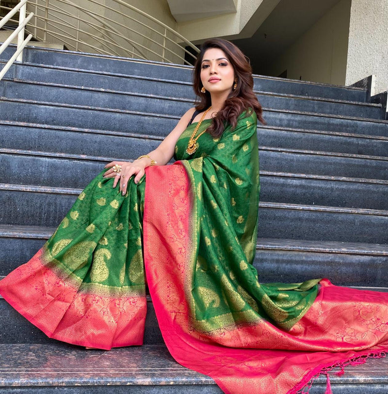 Green & Red pallu Pure Soft Kanjiviram Silk Saree With Attached Blouse