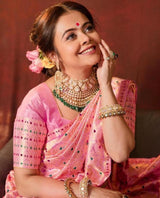 VastraVilla Hot Pink Woven Soft Banarasi Silk Saree