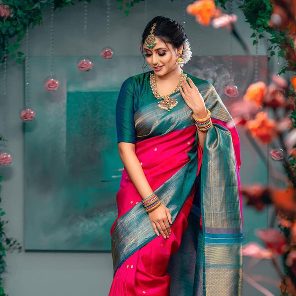 Red With Green Broder Combition Soft Silk Finish Saree Weaving