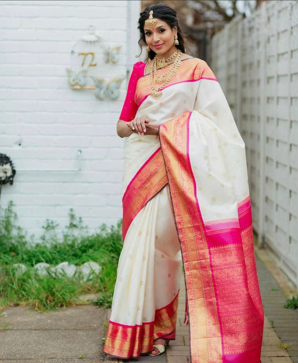 White With Red Designer Golden Zari Party Wear Lichi Silk saree  Weaving