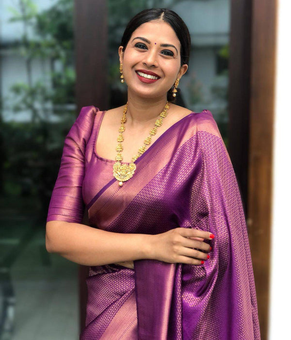 Purple  Pink Trending Lichi Silk Saree For Wedding