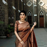 Dark Brown With Golden Patta Designer  Lichi silk Saree Weaving