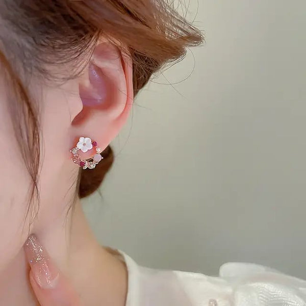 Women Romantic Zircon Flowers Shell Design Stud Earrings
