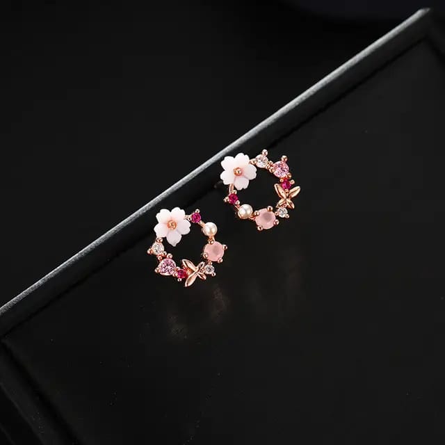 Women Romantic Zircon Flowers Shell Design Stud Earrings