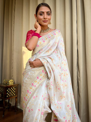 White Banarasi Soft Silk Saree