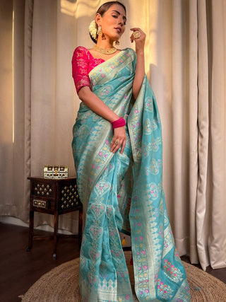 Sky Blue Banarasi Soft Silk Saree