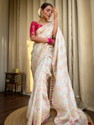 White Banarasi Soft Silk Saree