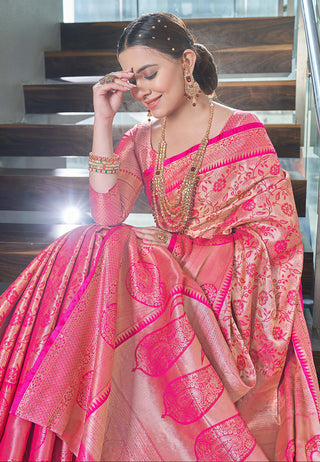 Kanchipuram Silk Jaal Rich Zari Woven Pink Colour Saree