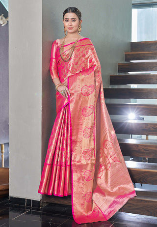 Kanchipuram Silk Jaal Rich Zari Woven Pink Colour Saree