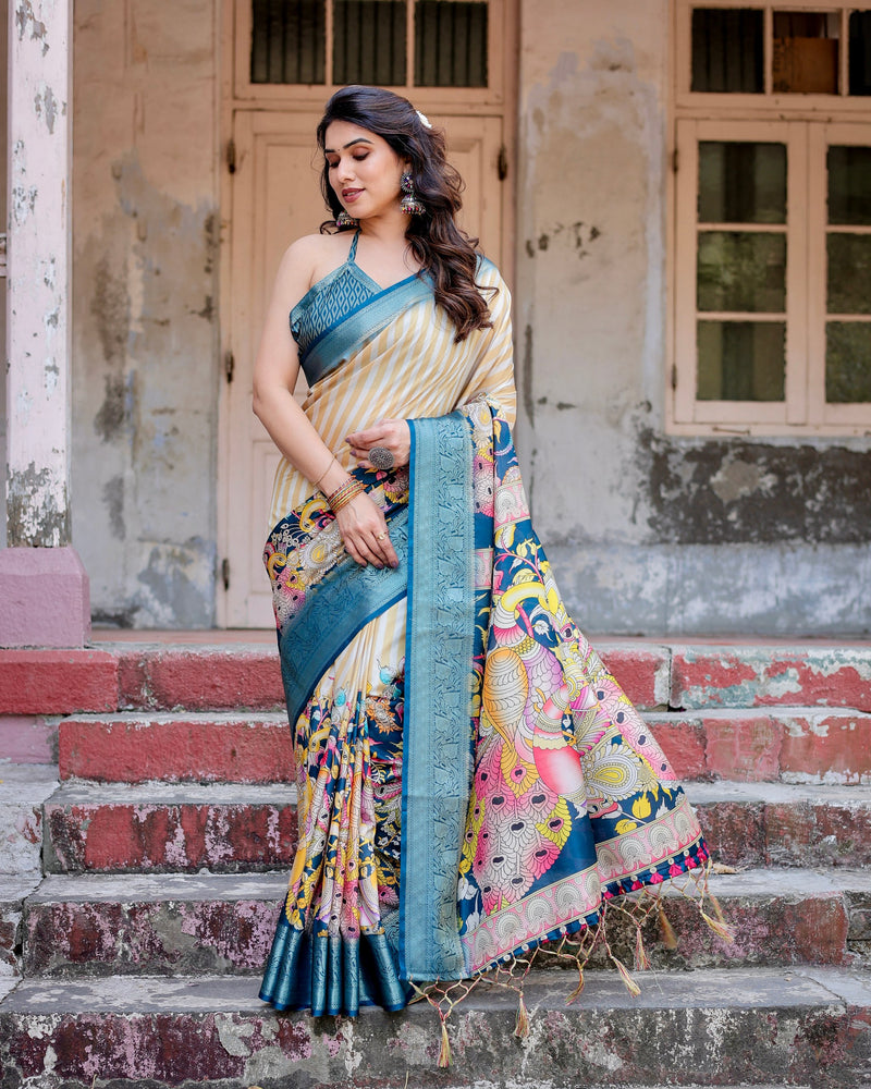 White With Sky Blue Floral Printed Cotton Silk Saree