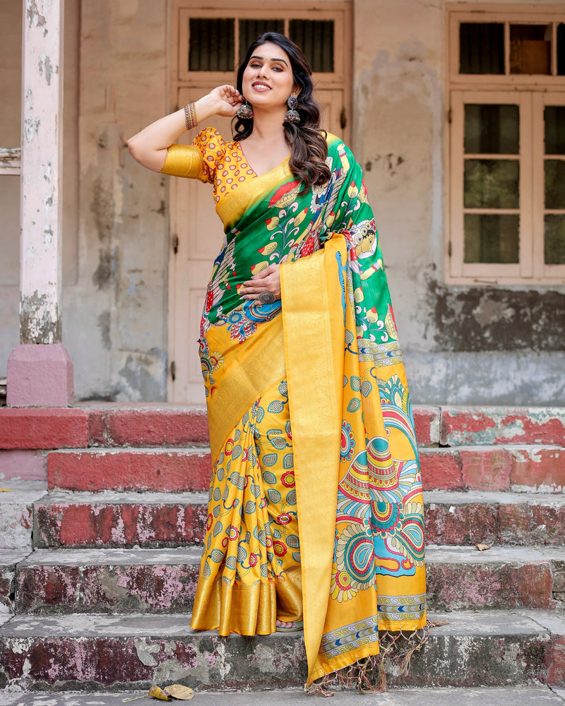 Green With Yellow Floral Printed Cotton Silk Saree