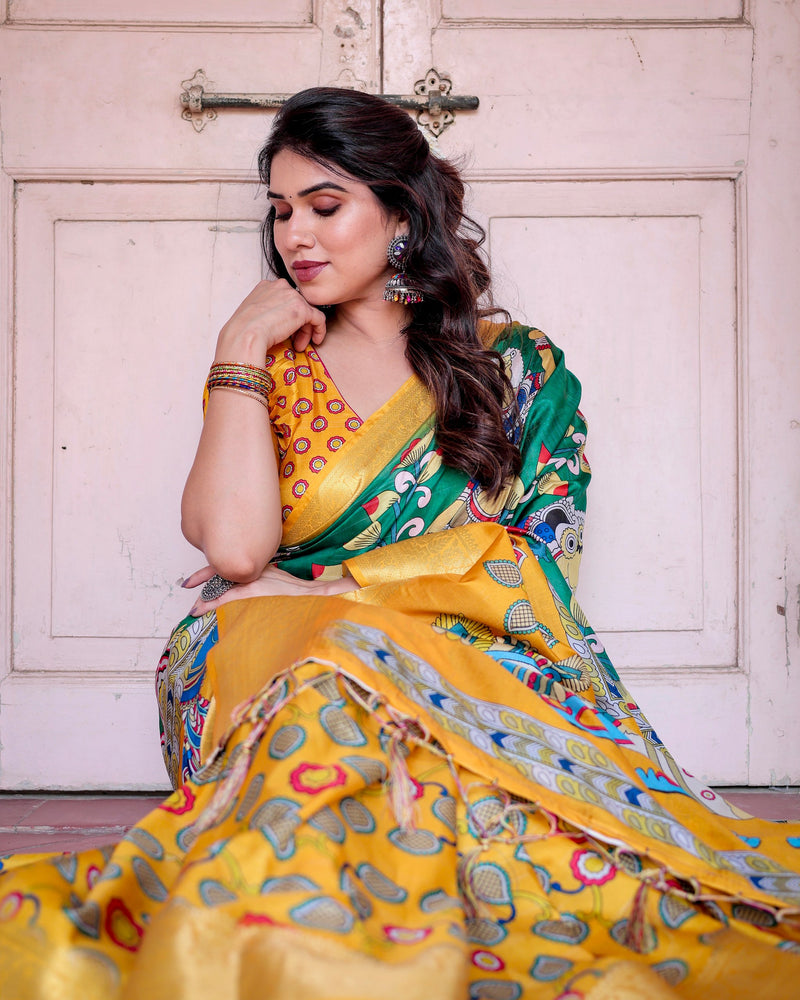 Green With Yellow Floral Printed Cotton Silk Saree