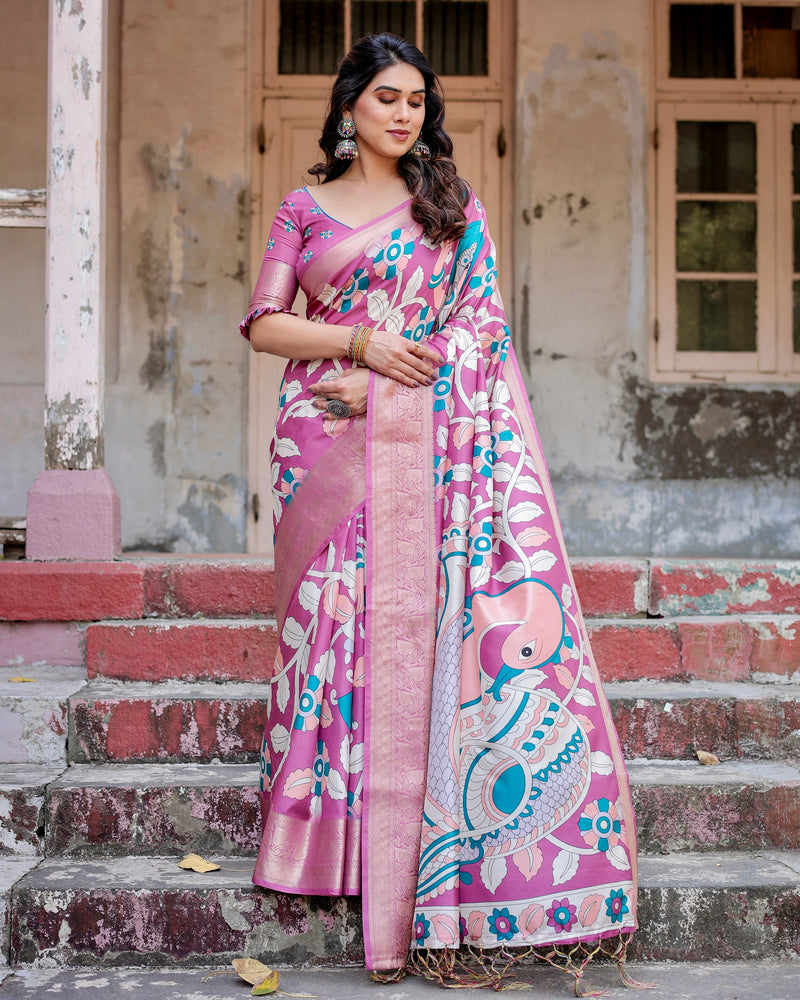 Baby Pink Floral Printed Cotton Silk Saree