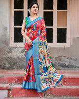 Red With Sky Blue Floral Printed Cotton Silk Saree