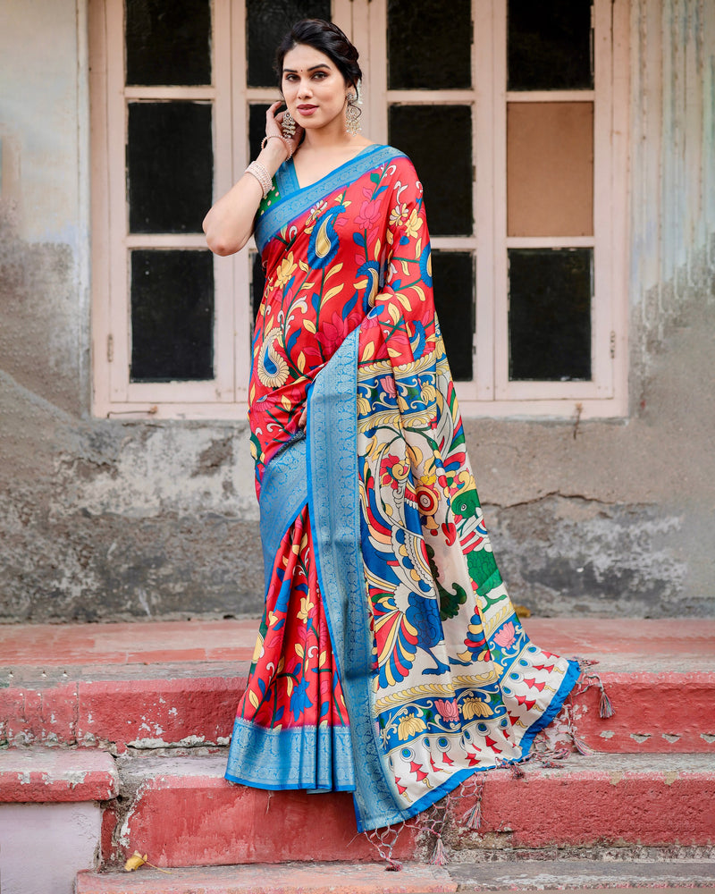 Red With Sky Blue Floral Printed Cotton Silk Saree