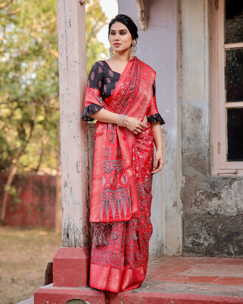 Red Floral Printed Cotton Silk Saree