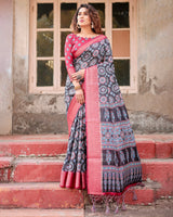 Black & Pink Floral Printed Cotton Silk Saree