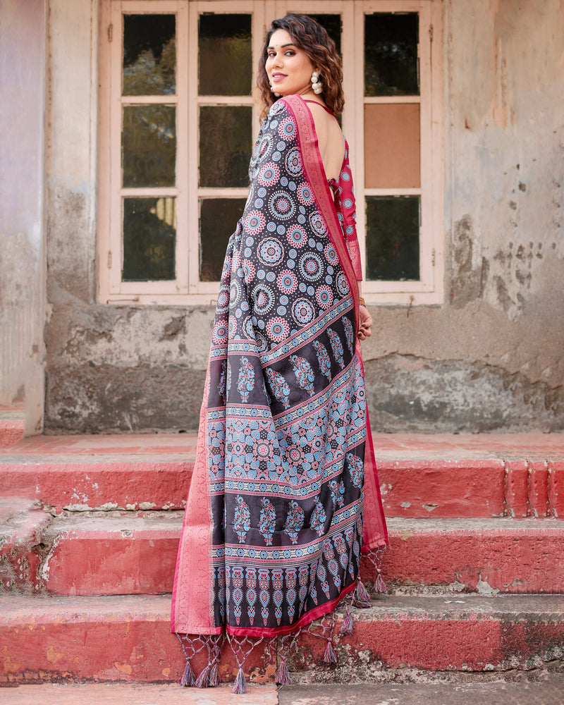 Black & Pink Floral Printed Cotton Silk Saree