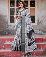 Cream & Black Floral Printed Cotton Silk Saree