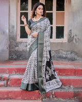 Cream & Black Floral Printed Cotton Silk Saree