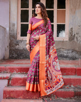 Pink & Orange Floral Printed Cotton Silk Saree