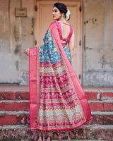 Sky Blue & Pink Floral Printed Cotton Silk Saree