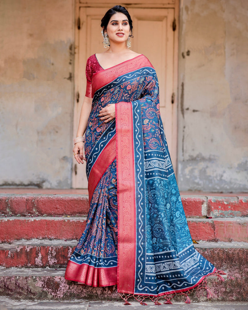 Blue & Pink Floral Printed Cotton Silk Saree
