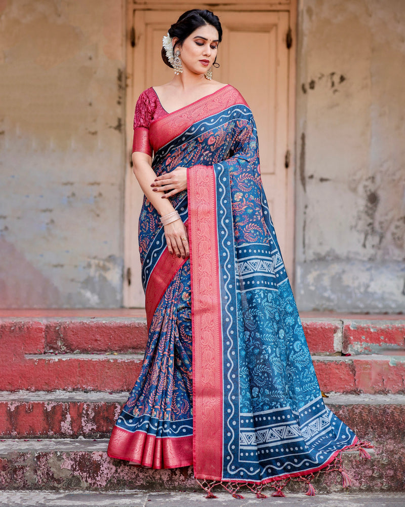 Blue & Pink Floral Printed Cotton Silk Saree