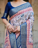 Cream & Navy Blue Floral Printed Cotton Silk Saree