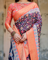 Royal Blue & Orange Floral Printed Cotton Silk Saree