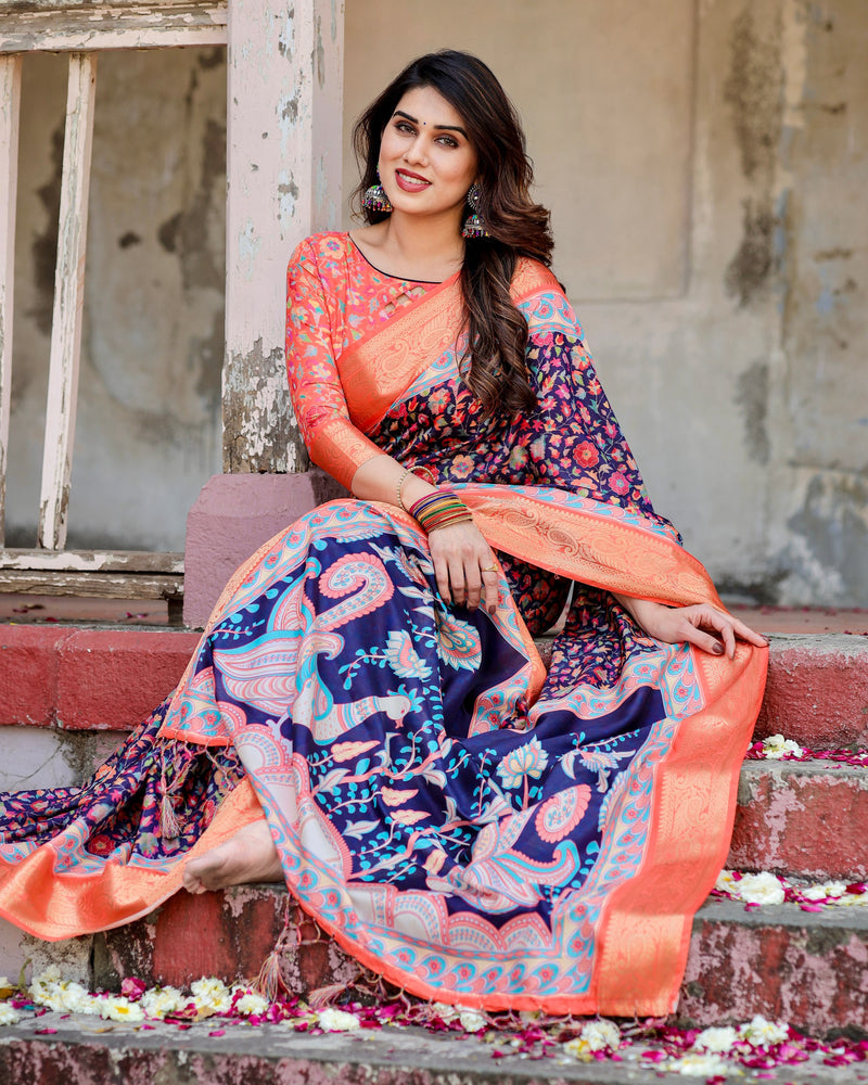 Royal Blue & Orange Floral Printed Cotton Silk Saree