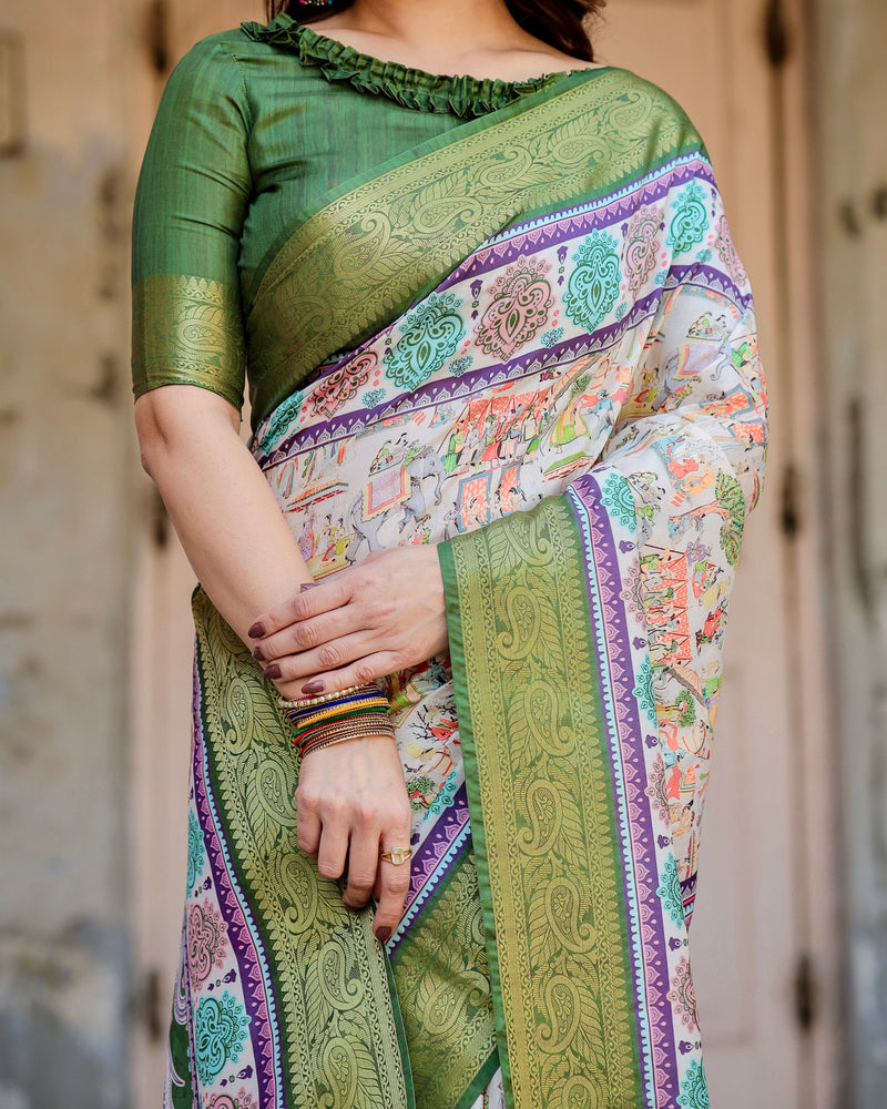 Green & Cream Floral Printed Cotton Silk Saree