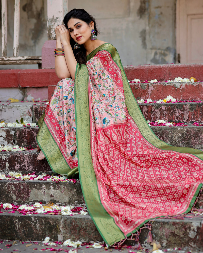 Baby Pink & Green Floral Printed Cotton Silk Saree