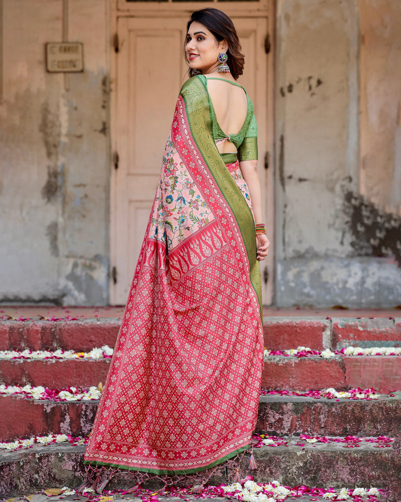 Baby Pink & Green Floral Printed Cotton Silk Saree