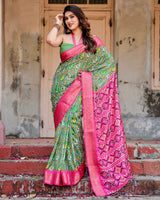 Green & Pink Floral Printed Cotton Silk Saree