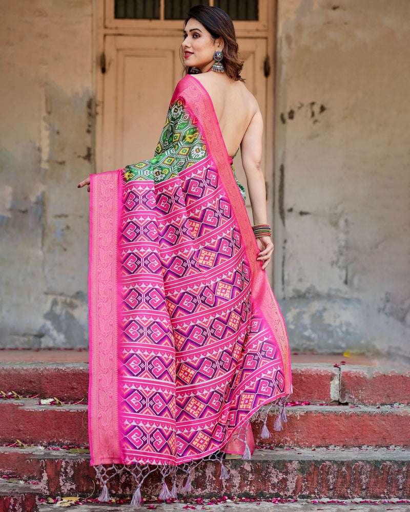 Green & Pink Floral Printed Cotton Silk Saree