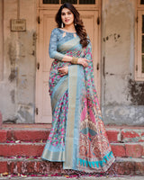 Grey & Multi Floral Printed Cotton Silk Saree