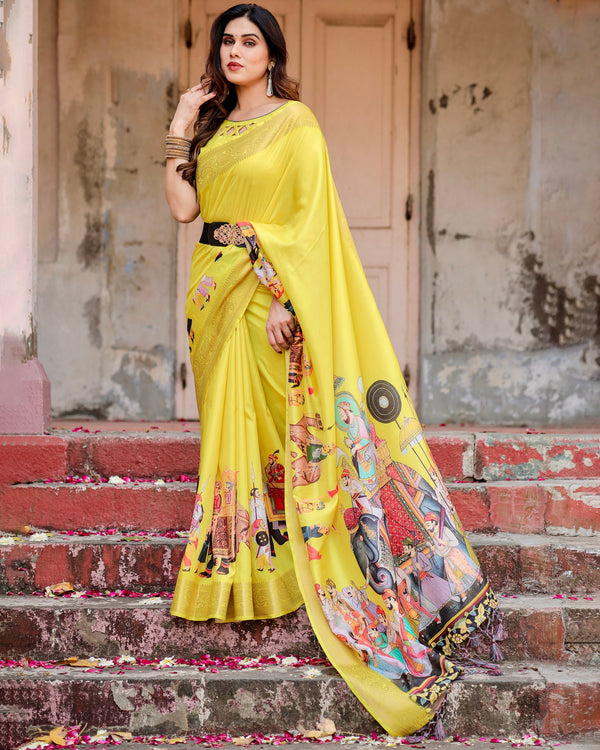 Yellow Floral Printed Cotton Silk Saree