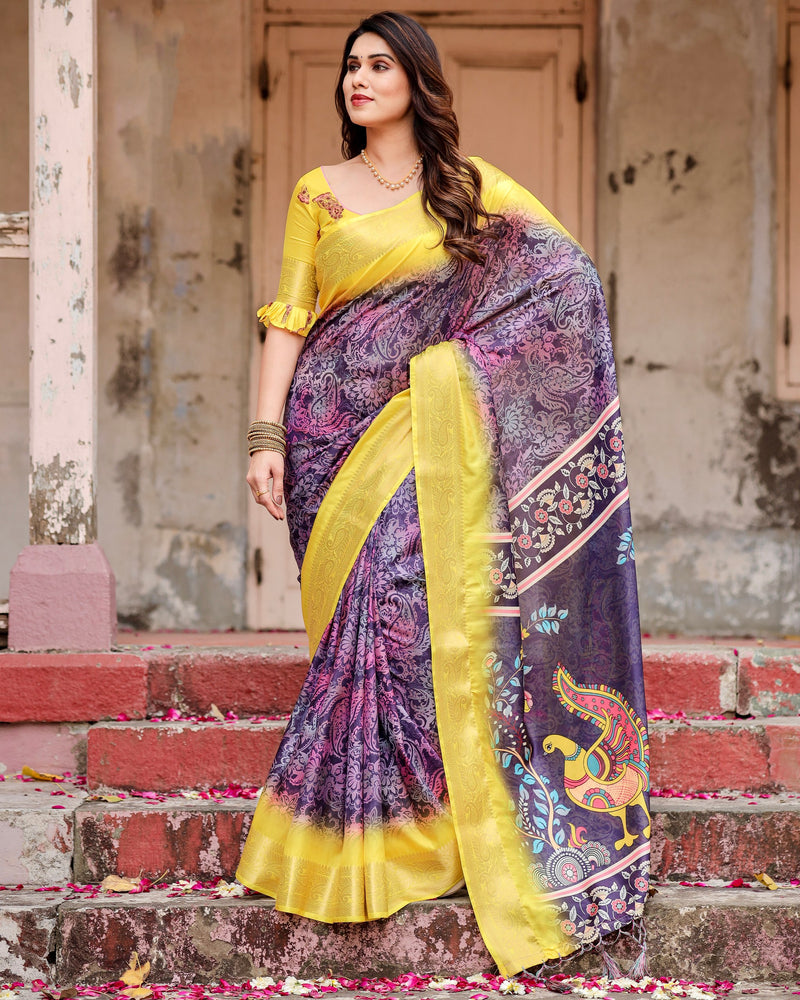Wine & Yellow Floral Printed Cotton Silk Saree