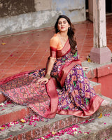 Purple & Red Floral Printed Cotton Silk Saree
