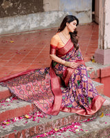 Purple & Red Floral Printed Cotton Silk Saree