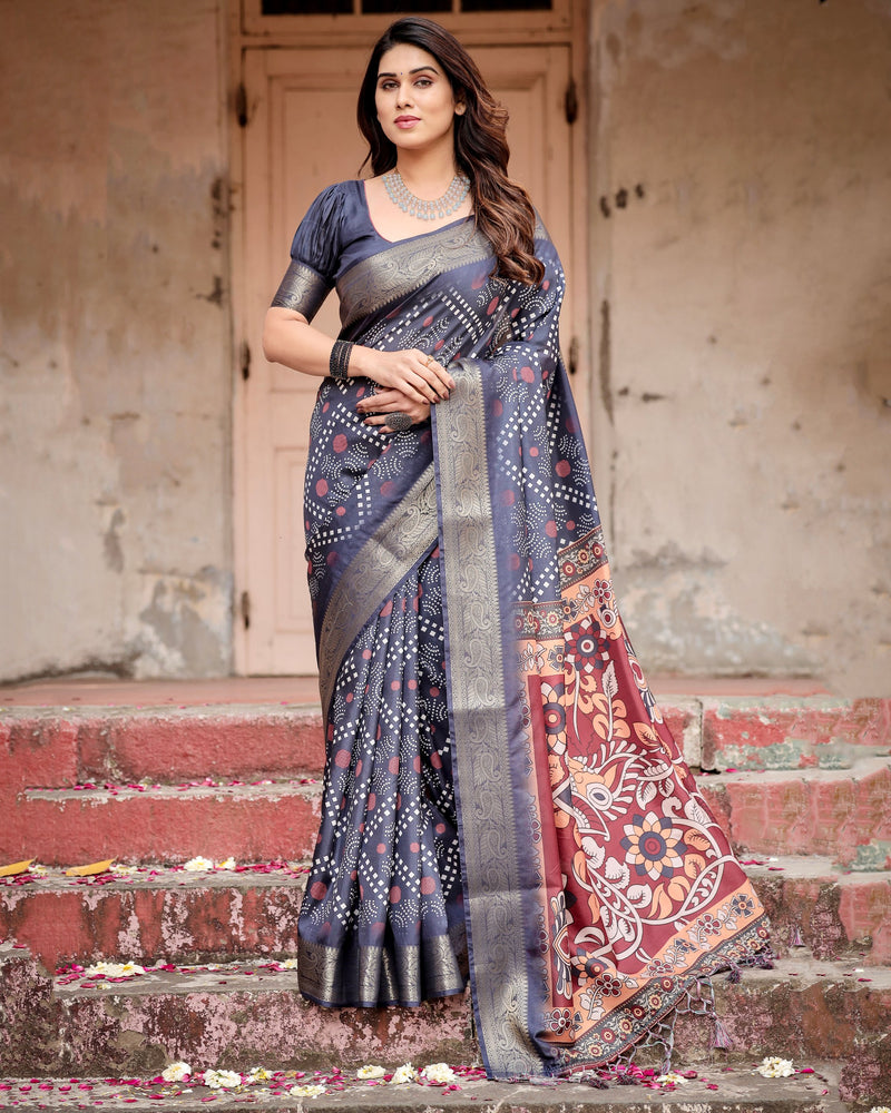 Navy Blue & Multi Floral Printed Cotton Silk Saree