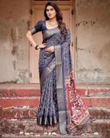 Navy Blue & Multi Floral Printed Cotton Silk Saree